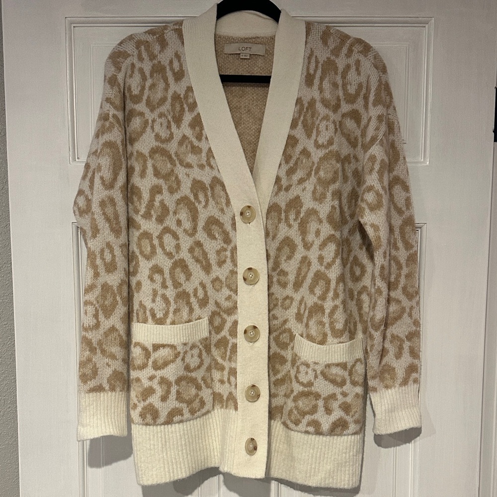 LOFT Cream and Tan Animal Print Cardigan